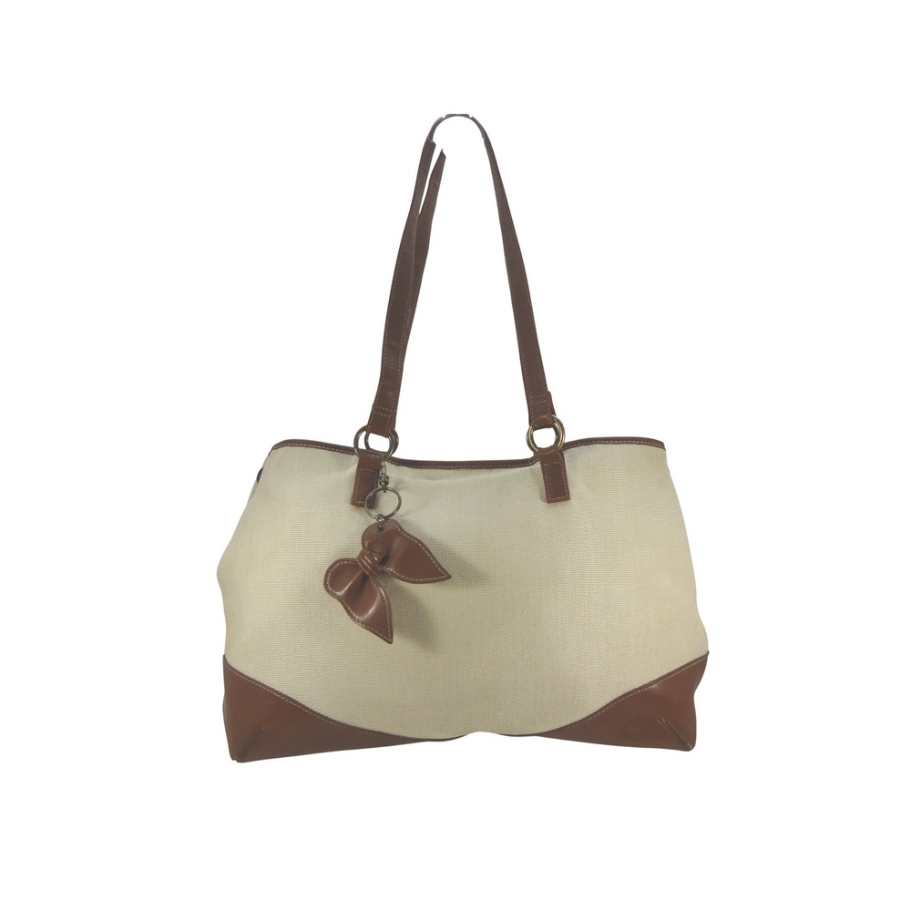 Coldwater Creek Canvas Tote Handbag Cream with Brown Leather‎ Trim